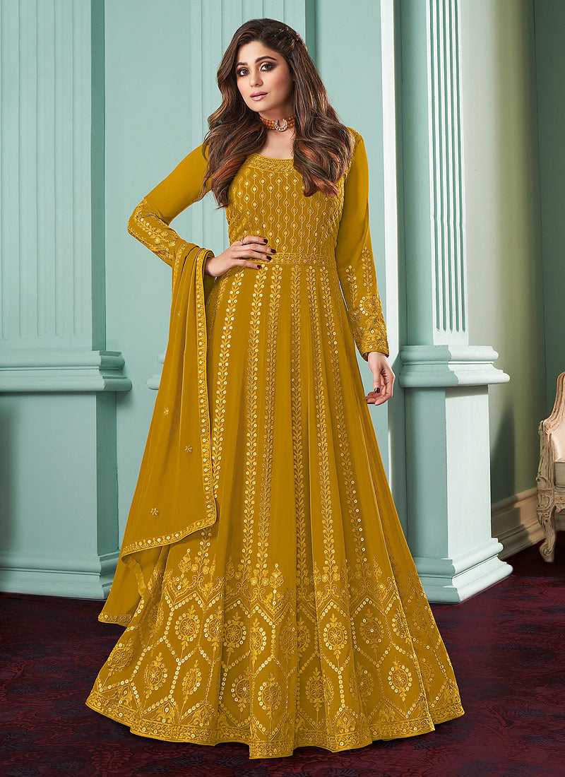 mustard yellow anarkali dress Blue Heavy Embroidered Gown Style Anarkali Indian Clothing – Fashneo