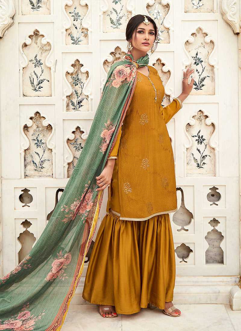 Mustard Silk Work Embroidered Gharara Style Suit fashionandstylish.myshopify.com