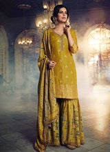 Load image into Gallery viewer, Mustard Silk Work Printed Gharara Style Suit fashionandstylish.myshopify.com
