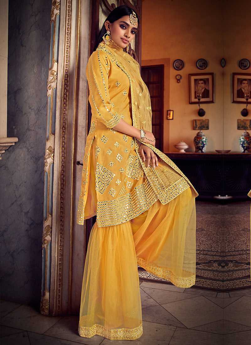 Mustard Yellow Mirror Embroidered Gharara Style Suit fashionandstylish.myshopify.com