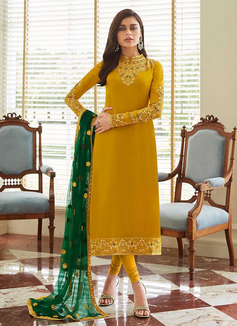 Mustard and Gold Embroidered Straight Pant Style Suit fashionandstylish.myshopify.com