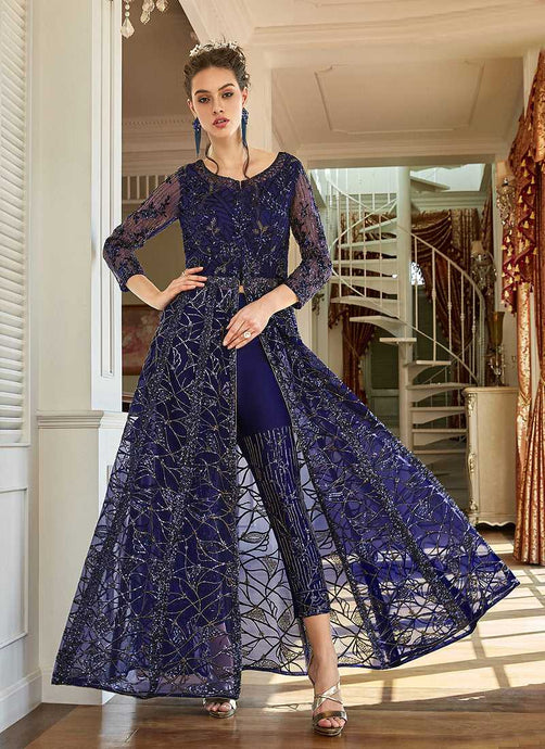 Navy Blue Heavy Embroidered Lehenga/ Pant Style Anarkali fashionandstylish.myshopify.com