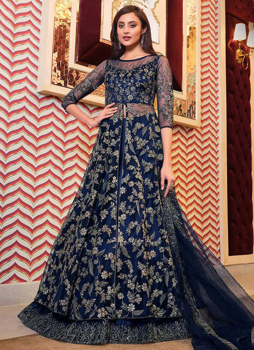 Navy Blue Heavy Embroidered Lehenga Style Anarkali fashionandstylish.myshopify.com