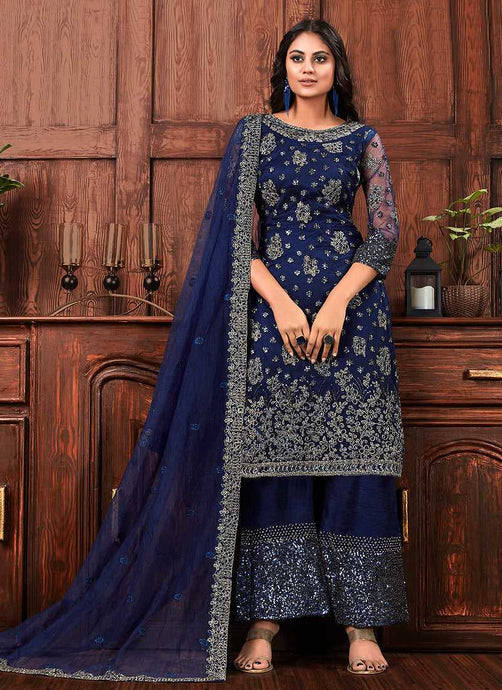 Navy Blue Heavy Embroidered Plazzo Style Suit fashionandstylish.myshopify.com