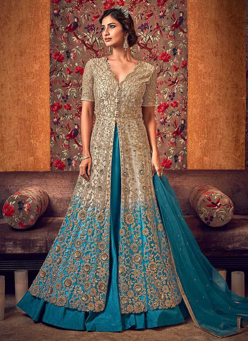 Green and Gold Heavy Designer Embroidered Lehenga/Pant Style Anarkali Suit  - Indian Heavy Anarkali Lehenga Gowns Sharara Sarees Pakistani Dresses in  USA/UK/Canada/UAE - IndiaBoulevard