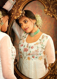 Off-White and Pink Floral Embroidered Kalidar Anarkali fashionandstylish.myshopify.com