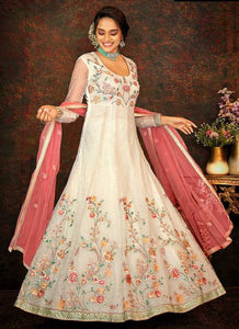 Off-White and Pink Floral Embroidered Kalidar Anarkali fashionandstylish.myshopify.com