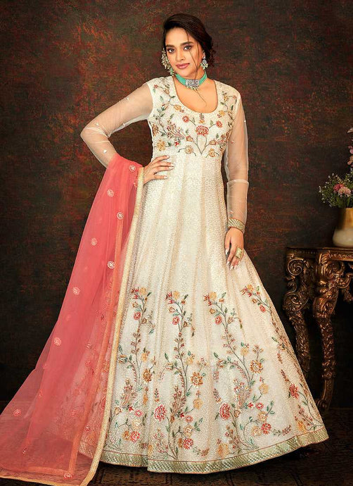 Off-White and Pink Floral Embroidered Kalidar Anarkali fashionandstylish.myshopify.com