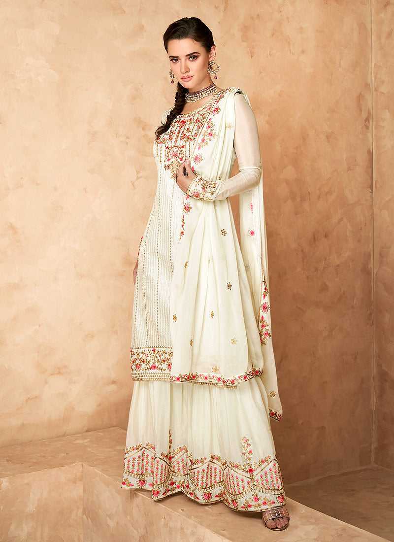 Off White Embroidered Designer Sharara Style Suit Off White / Thread / Georgette