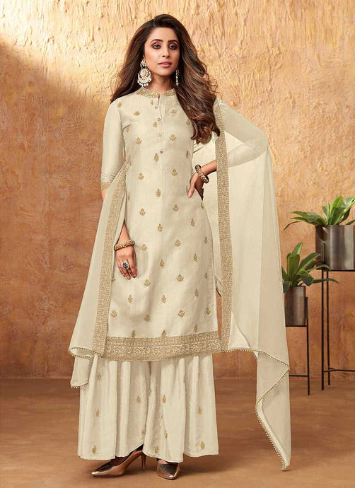 Off White Embroidered Silk Palazzo Style Suit fashionandstylish.myshopify.com