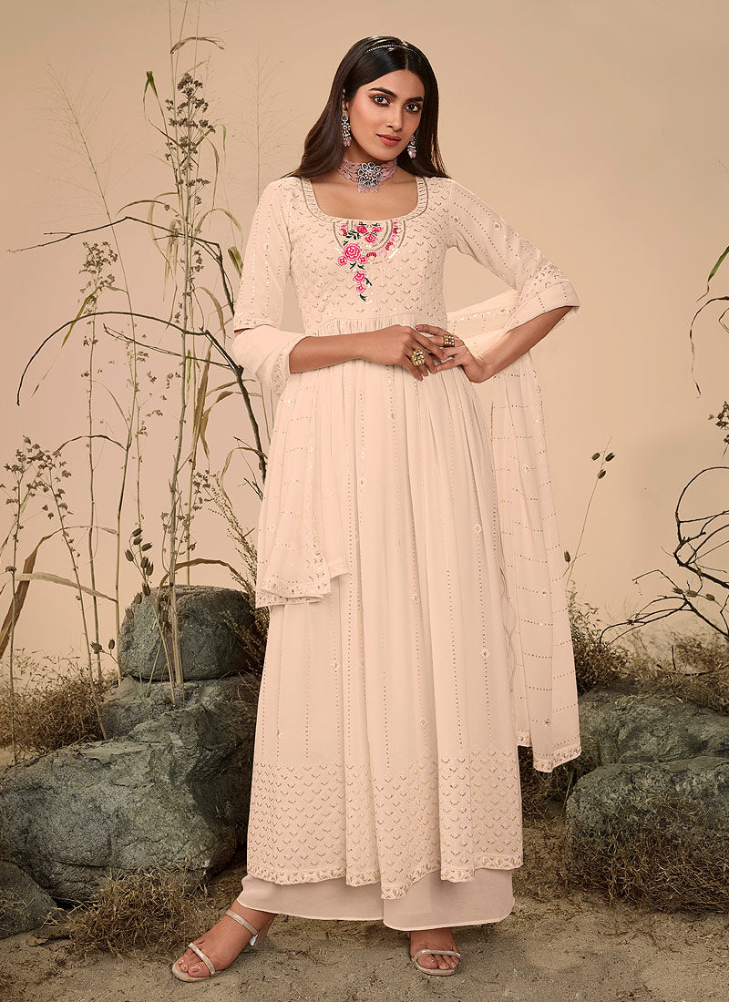 Off White Embroidered Stylish Palazzo Suit