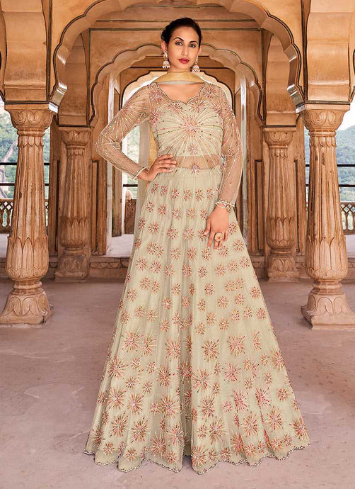 Off White Gold Heavy Embroidered Lehenga Style Anarkali fashionandstylish.myshopify.com