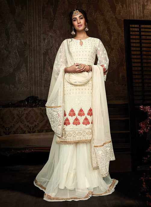 Off white Embroidered Lehenga Style Sharara Suit fashionandstylish.myshopify.com