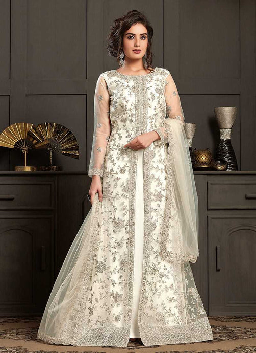 Off white Heavy Embroidered Jacket Style Anarkali Suit fashionandstylish.myshopify.com