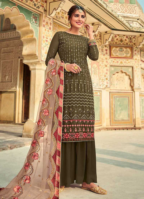 Olive Green Embroidered Palazzo Style Suit fashionandstylish.myshopify.com