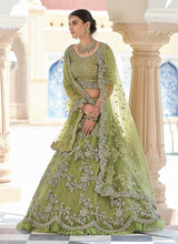 Load image into Gallery viewer, Olive Green Heavy Floral Embroidered Stylish Wedding Lehenga fashionandstylish.myshopify.com
