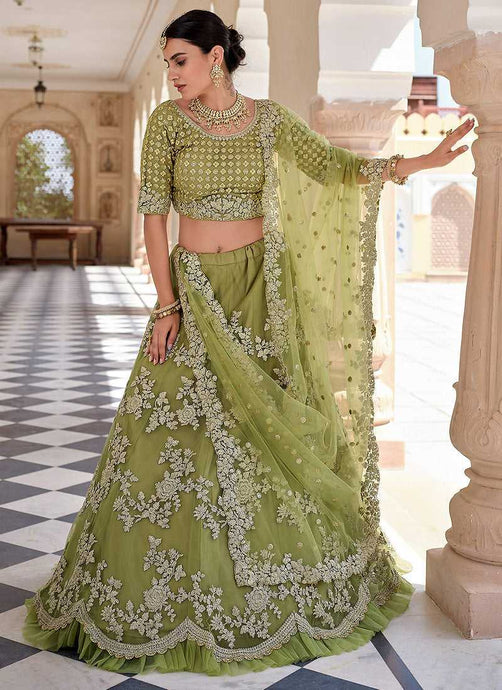 Olive Green Heavy Floral Embroidered Stylish Wedding Lehenga fashionandstylish.myshopify.com