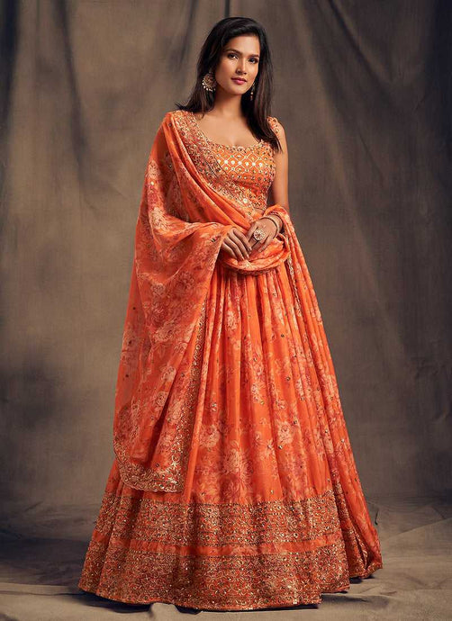 Orange Floral Printed Stylish Embroidered Lehenga Choli fashionandstylish.myshopify.com