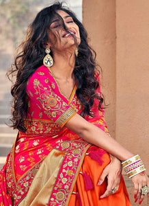 Orange and Pink Embroidered Bollywood Style Saree fashionandstylish.myshopify.com