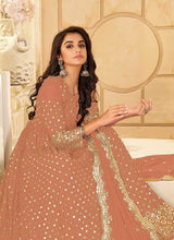 Load image into Gallery viewer, Peach And Gold Mirror Embroidered Kalidar Gown Style Anarkali fashionandstylish.myshopify.com
