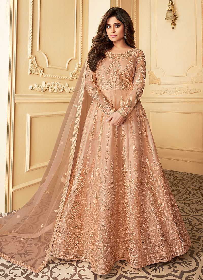 Peach Heavy Embroidered Kalidar Gown Style Anarkali fashionandstylish.myshopify.com