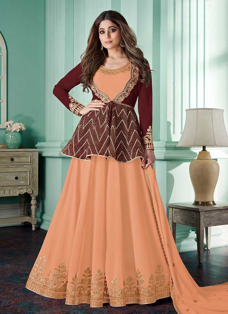 Peach Heavy Embroidered Maroon Color Jacket Style Suit