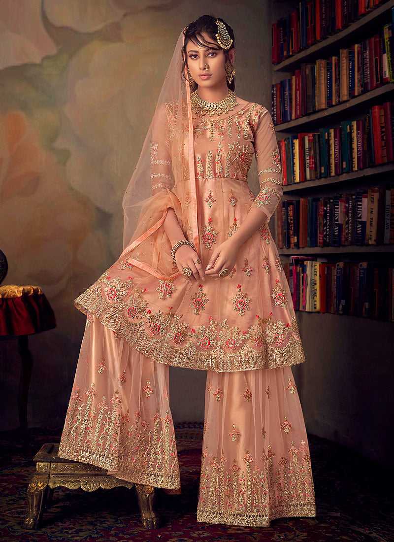 Peach Heavy Embroidered Net Sharara Style Suit fashionandstylish.myshopify.com