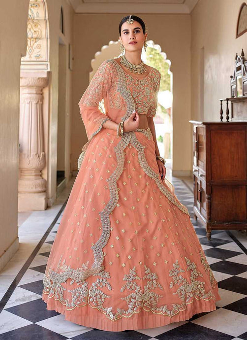 Peach Heavy Floral Embroidered Stylish Wedding Lehenga fashionandstylish.myshopify.com