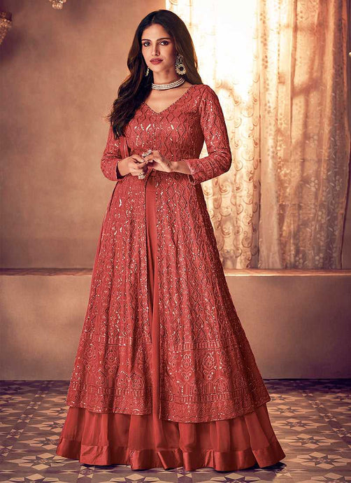 Peach Sequins Embroidered Slit Style Anarkali fashionandstylish.myshopify.com