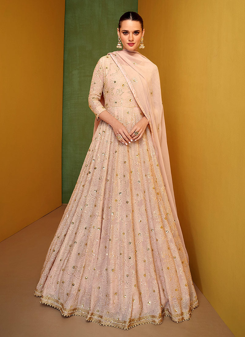 Peach and Gold Heavy Embroidered Anarkali Suit
