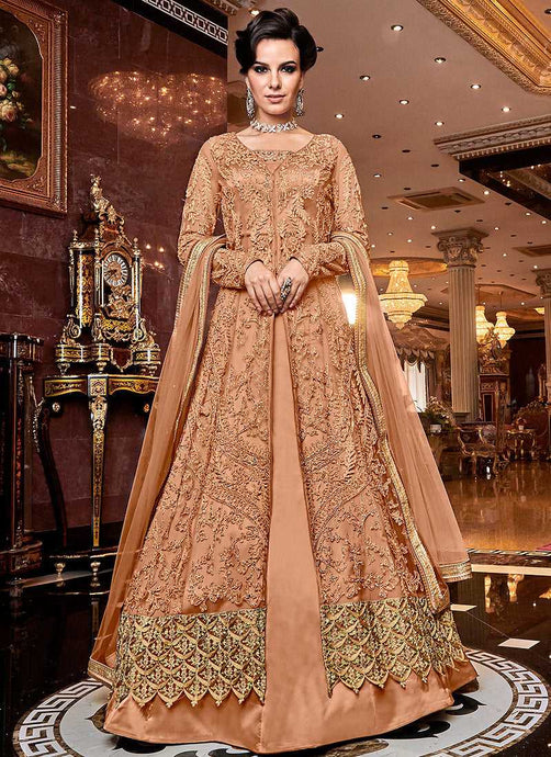 Peach and Gold Heavy Embroidered Lehenga fashionandstylish.myshopify.com