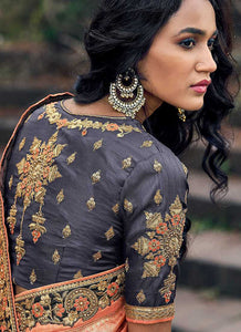 Peach and Grey Embroidered Bollywood Style Saree fashionandstylish.myshopify.com
