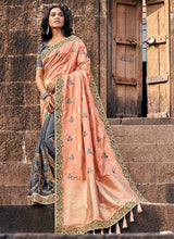 Load image into Gallery viewer, Peach and Grey Embroidered Bollywood Style Saree fashionandstylish.myshopify.com
