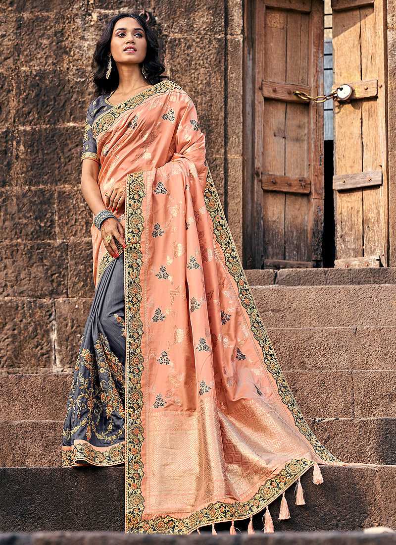 Peach and Grey Embroidered Bollywood Style Saree fashionandstylish.myshopify.com