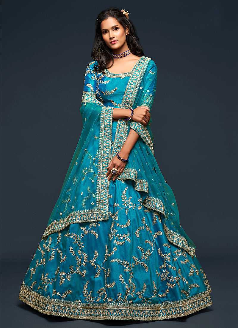 Peacock Blue And Gold Silk Embroidered Stylish Lehenga Choli fashionandstylish.myshopify.com