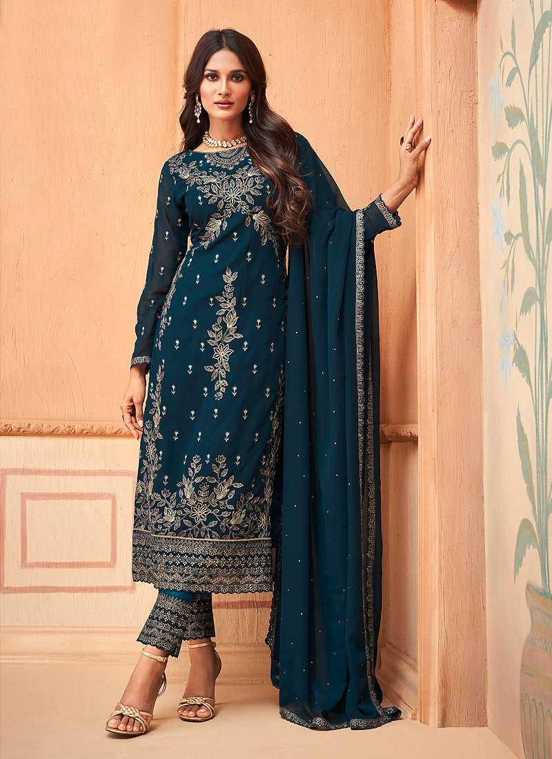 Peacock Blue Embroidered Straight Pant Style Suit fashionandstylish.myshopify.com