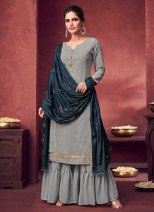 Pearl Grey and Blue Embroidered Sharara Style Suit fashionandstylish.myshopify.com