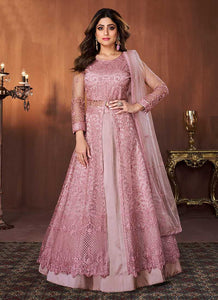 Pearl Pink Floral Embroidered Lehenga Style Anarkali fashionandstylish.myshopify.com