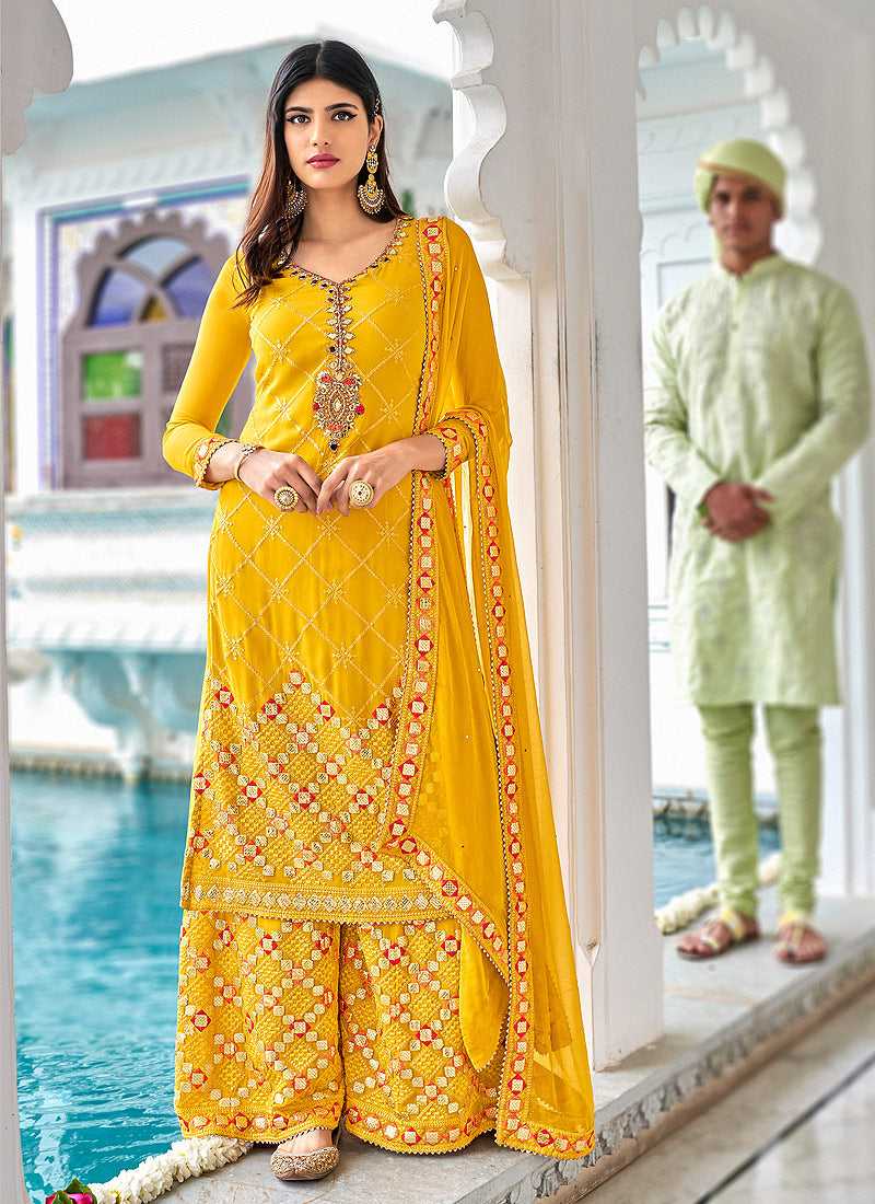 Pineapple Yellow Heavy Embroidered Palazzo Style Suit fashionandstylish.myshopify.com