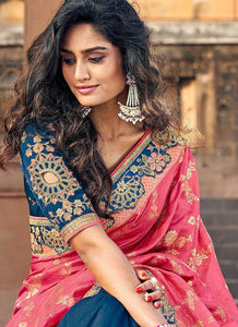 Pink and Blue Embroidered Bollywood Style Saree fashionandstylish.myshopify.com