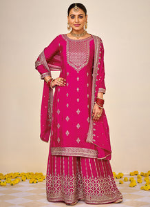 Pink and Gold Embroidered Sharara Style Suit