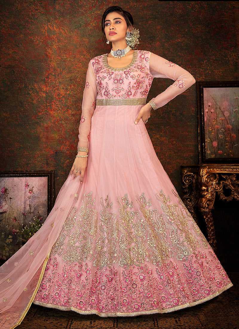 Pink and Gold Floral Embroidered Kalidar Anarkali fashionandstylish.myshopify.com