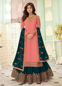 Pink and Teal Embroidered Lehenga Style Anarkali Suit fashionandstylish.myshopify.com