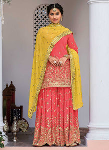 Pink and Yellow Heavy Embroidered Sharara Suit fashionandstylish.myshopify.com