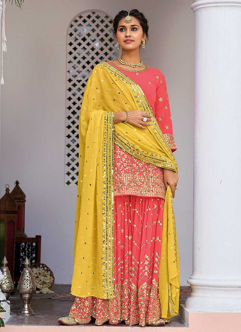 Pink and Yellow Heavy Embroidered Sharara Suit fashionandstylish.myshopify.com