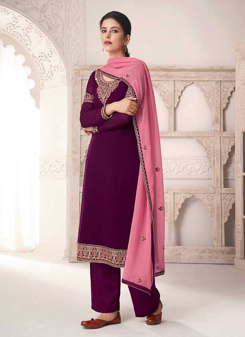 Purple And Pink Embroidered Straight Pant Style Suit fashionandstylish.myshopify.com