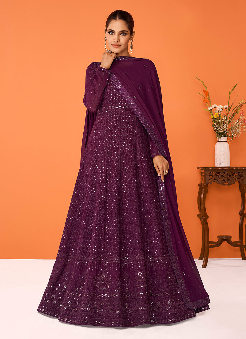 Purple Embroidered Floor touch Kalidar Anarkali