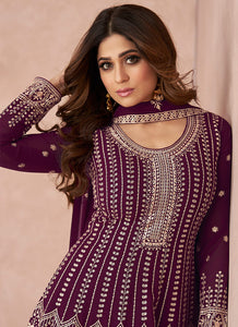 Purple Embroidered Sharara Style Suit