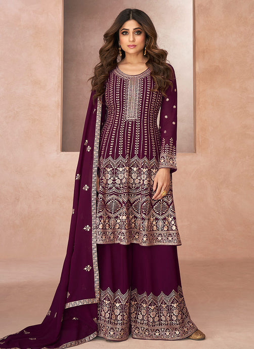 Purple Embroidered Sharara Style Suit