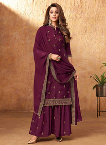 Purple Embroidered Silk Palazzo Style Suit fashionandstylish.myshopify.com